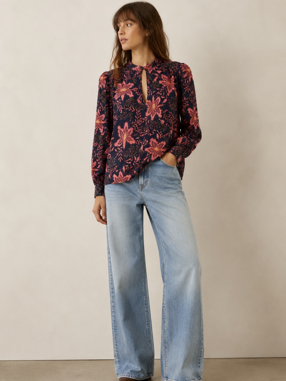 Trovata Birds of Paradis Floral Cotton Peasant Blouse